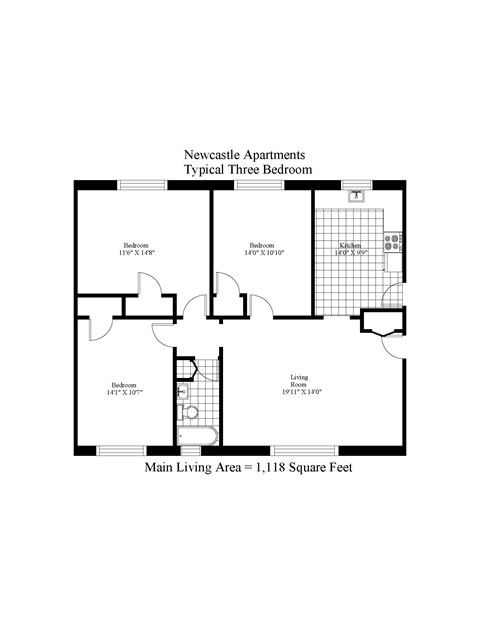 Floor plan for 3 beds, 1 bath, 1118 sqft